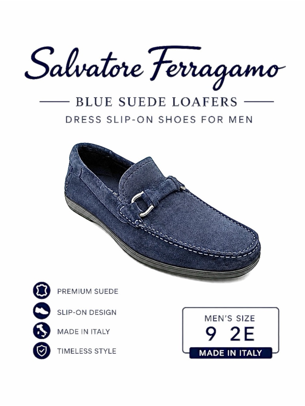 Salvatore Ferragamo Blue Suede Loafers Dress Slip-On Shoes Men’s Size 9 2E Italy